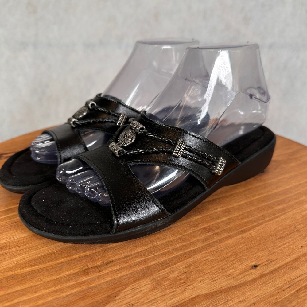 Minnetonka Slide Sandals Womens 7M Black Good Leather Braided Concho 5921001